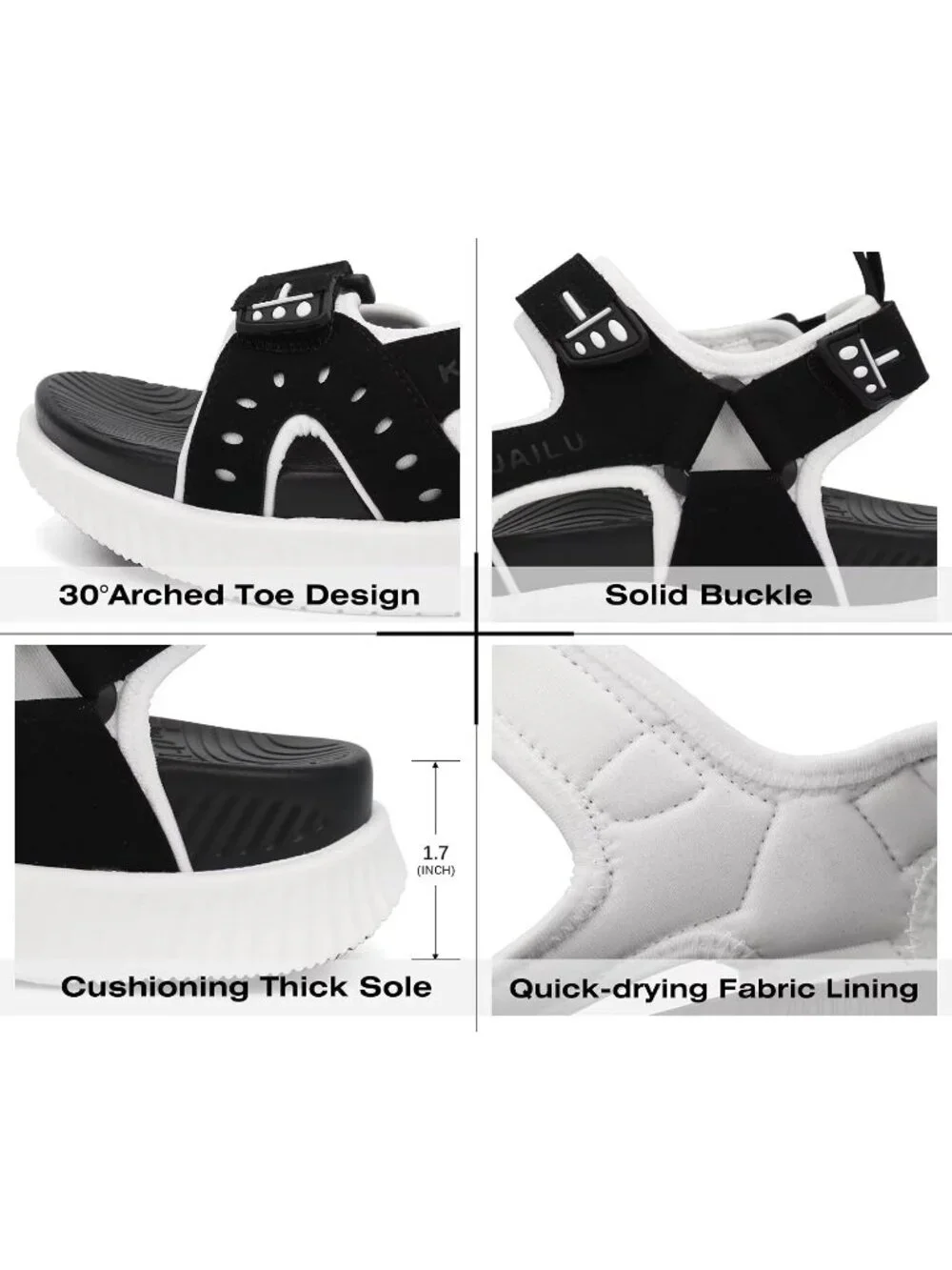 Men's Black And White Arch Support Thick Recovery Athletic Hiking Sandal Shoes
